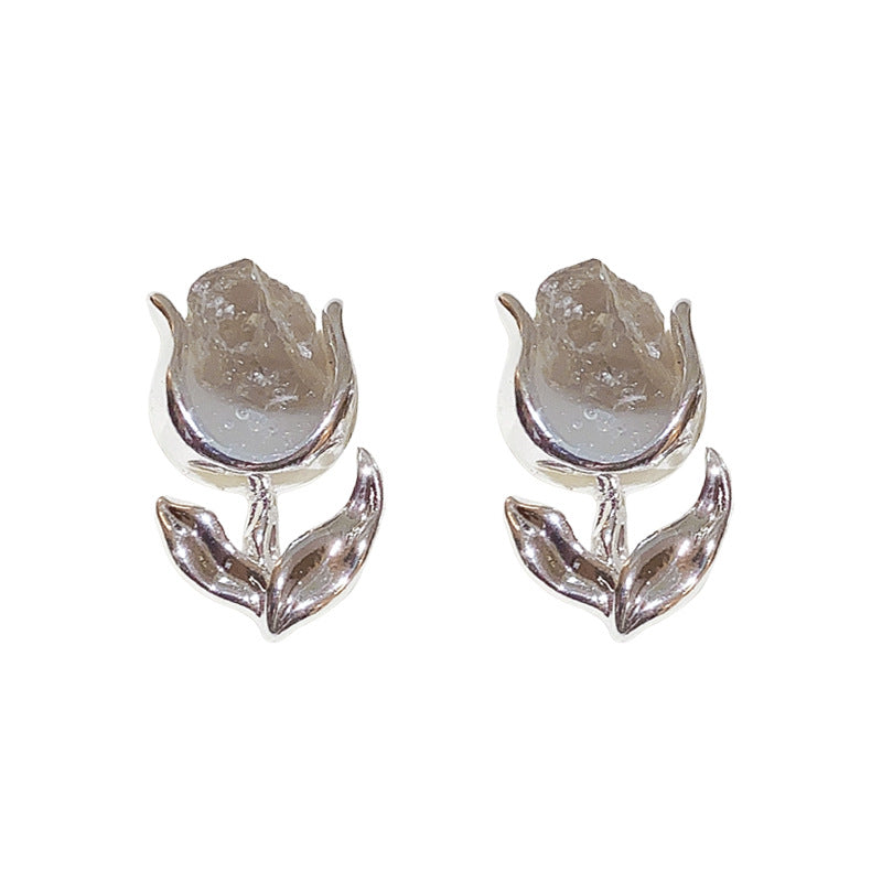 Silver Needle Flower Crystal Earrings