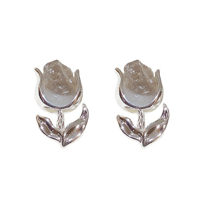 Silver Needle Flower Crystal Earrings