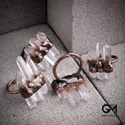 Three Clear Quartz Adjustable Ring