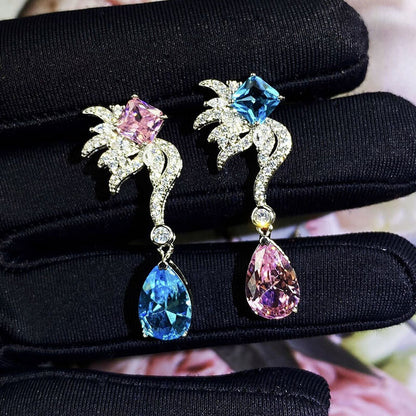 Temperament AB Style Earrings Luxury Bright Drop-shaped Pink Diamond Imitation Aquamarine Long Earrings
