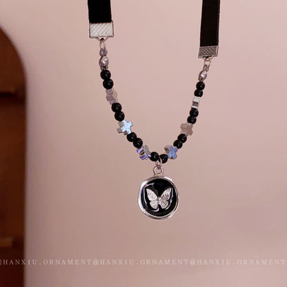 Cross Round Leather Butterfly Necklace