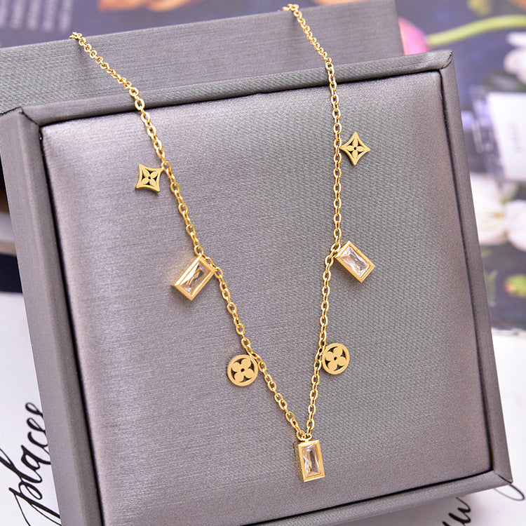 Smooth Butterfly Lock Rectangular Zircon Titanium Steel Necklace