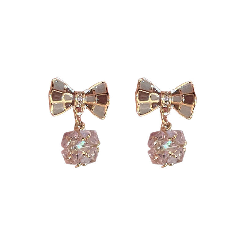 Electroplated Chequered Bow Zircon Ball Earrings