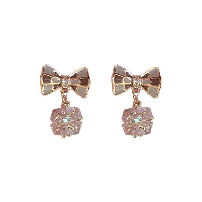 Electroplated Chequered Bow Zircon Ball Earrings