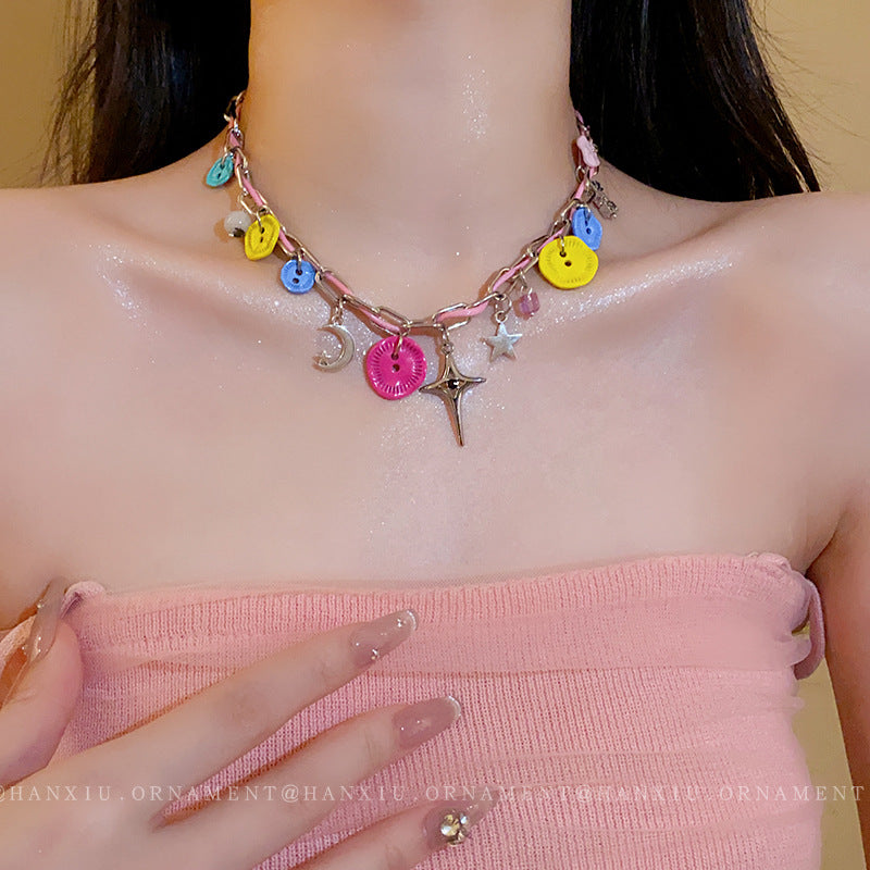 Irregular Button Star-moon Necklace