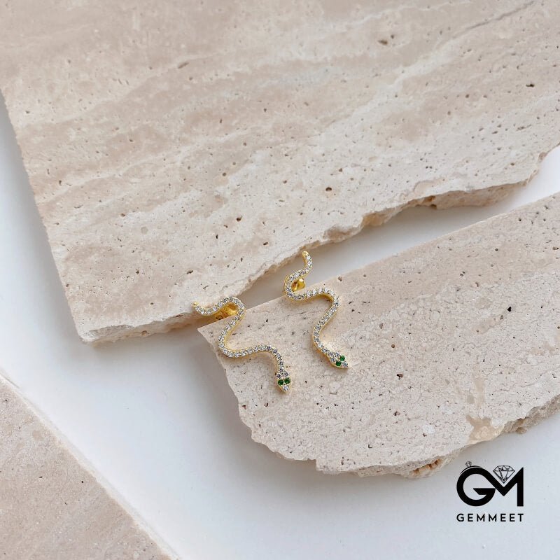 S925 Sterling Silver White Green Zircon Snake Earrings