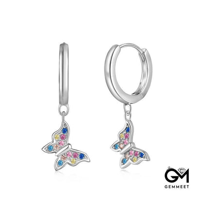 S925 Sterling Silver Colored Round Zircon Butterfly Earrings