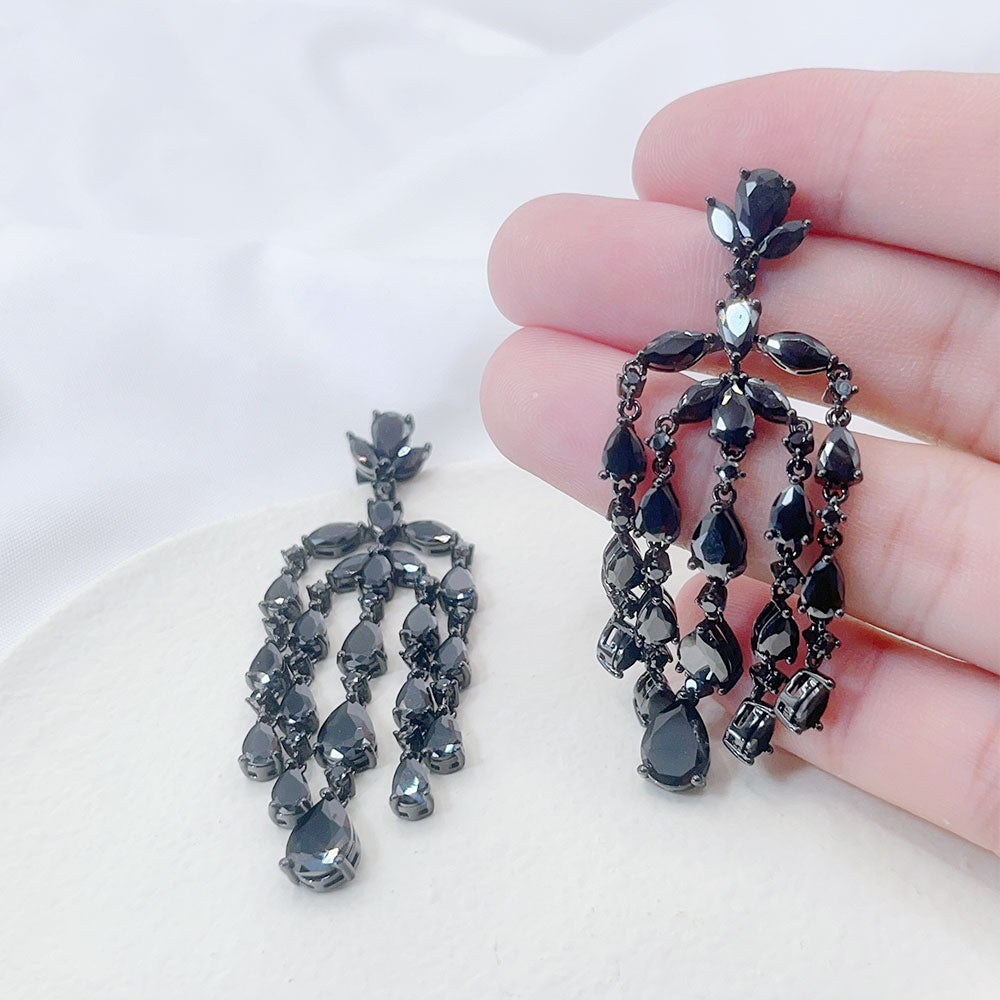 Tassel Drop Water Black Zircon Earrings