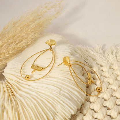 Dragonfly Gingko Drop Stainless Steel Earrings