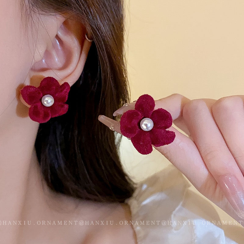Autumn and Winter Flocking Flower Earrings
