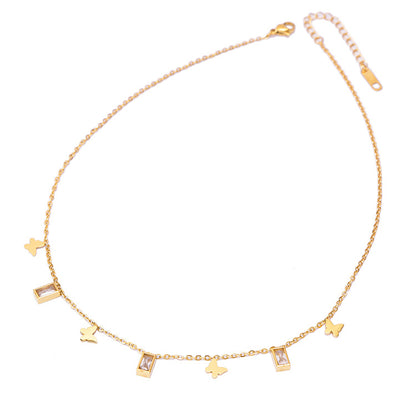 Smooth Butterfly Lock Rectangular Zircon Titanium Steel Necklace