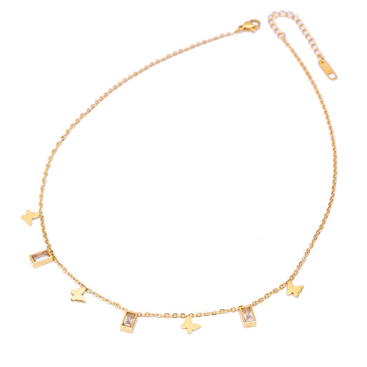 Smooth Butterfly Lock Rectangular Zircon Titanium Steel Necklace