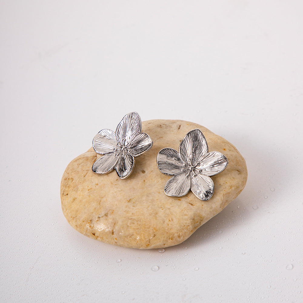 Silver Titanium Steel Flower Earrings