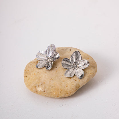 Silver Titanium Steel Flower Earrings