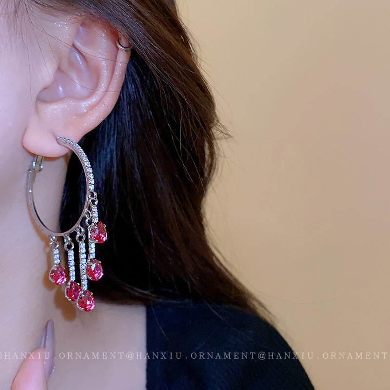 Silver Needle Zircon Drop Circle Earrings