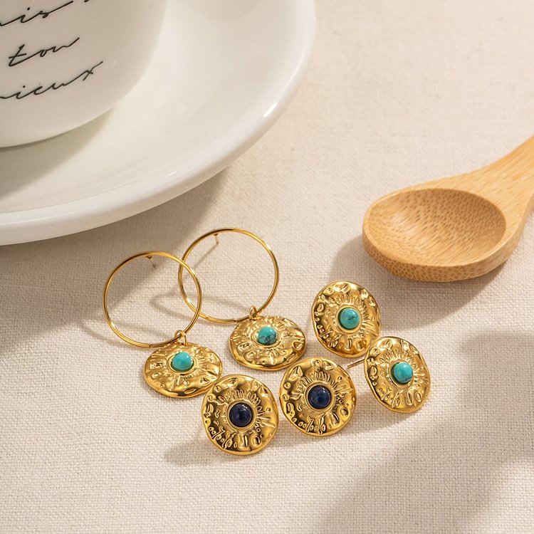Turquoise Sodalite Golden Titanium Steel Earrings