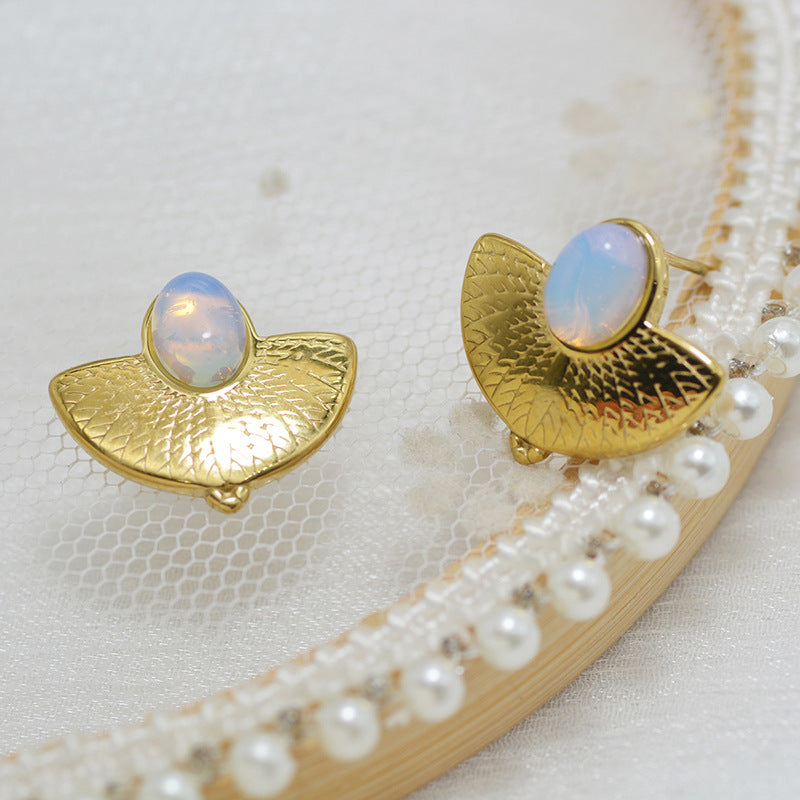 Oval White Stone Gold Stainless Steel Earrings