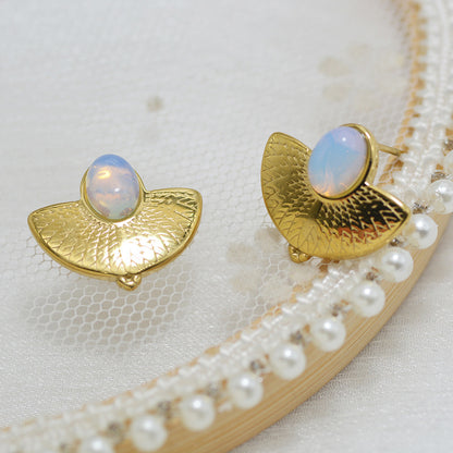 Oval White Stone Gold Stainless Steel Earrings