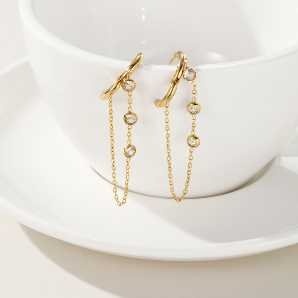 Chain Zircon Tassel Titanium Steel Earrings