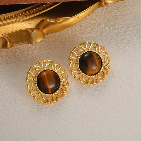 Tiger Eye Sunflower Golden Earrings