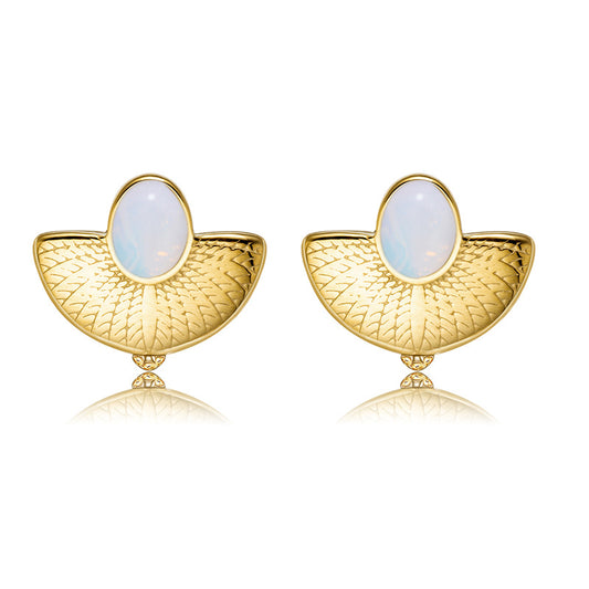 Oval White Stone Gold Stainless Steel Earrings