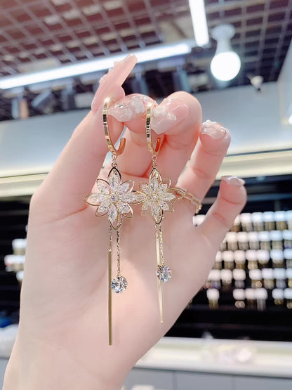 Temperament Flower Long Tassel S925 Silver Needle Earrings