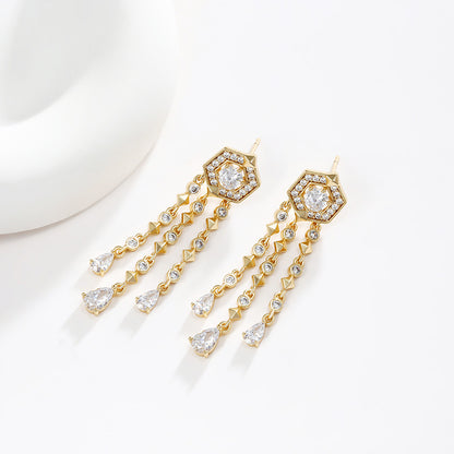 Micropaved Zirconia Gold Plated Long Tassel Earrings