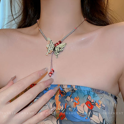 Woven Rope Butterfly Ceramic Necklace
