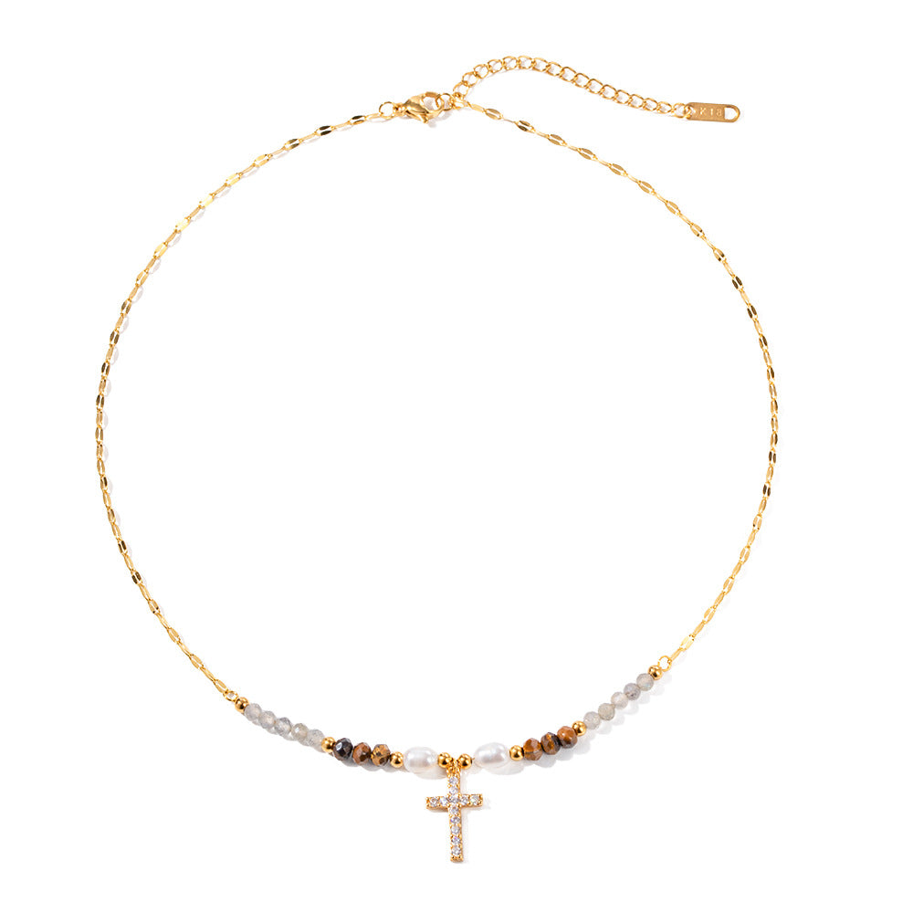 Simple and Versatile Pearl Set Zirconium Cross Necklace