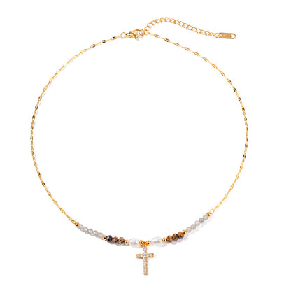 Simple and Versatile Pearl Set Zirconium Cross Necklace