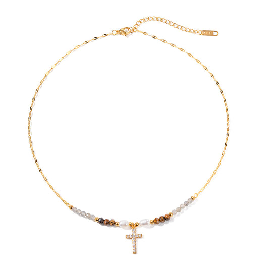 Simple and Versatile Pearl Set Zirconium Cross Necklace