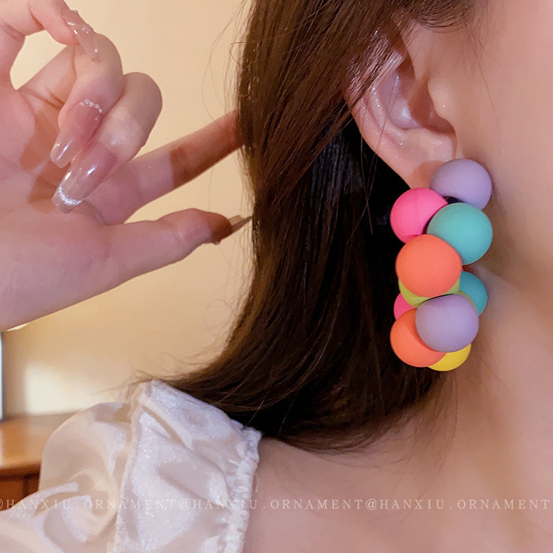 Silver Needle Candy-colored Round Pearl Earrings