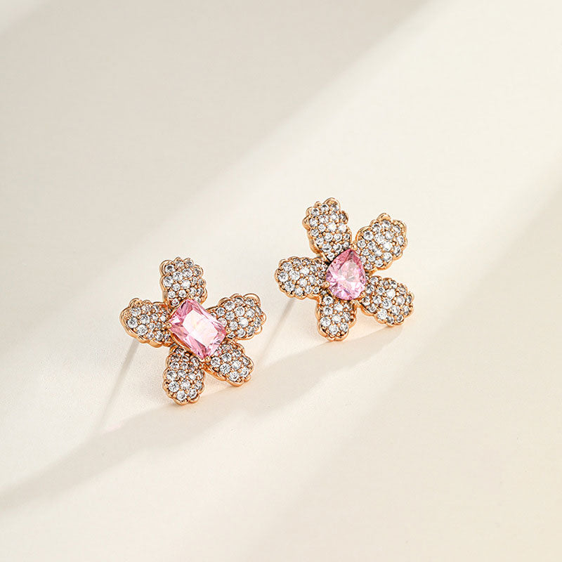 Micropaved CZ Flower Asymmetric Stud Earrings