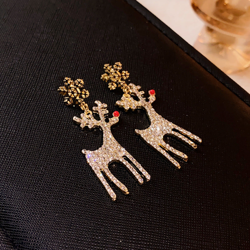 Cute Full Stones Elk & Snowflake Drop Earrings