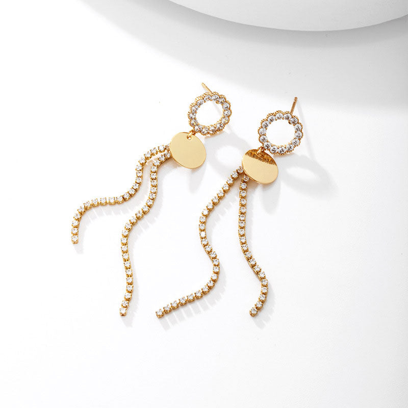 Geometric Round Micro-paved Zircon Long Tassel Earrings