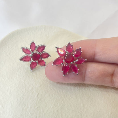 Seven Petal Pink Zircon Inlaid Stud Earrings
