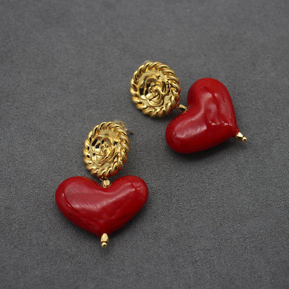 Small Red Love Hand-fired Glass Retro Earrings