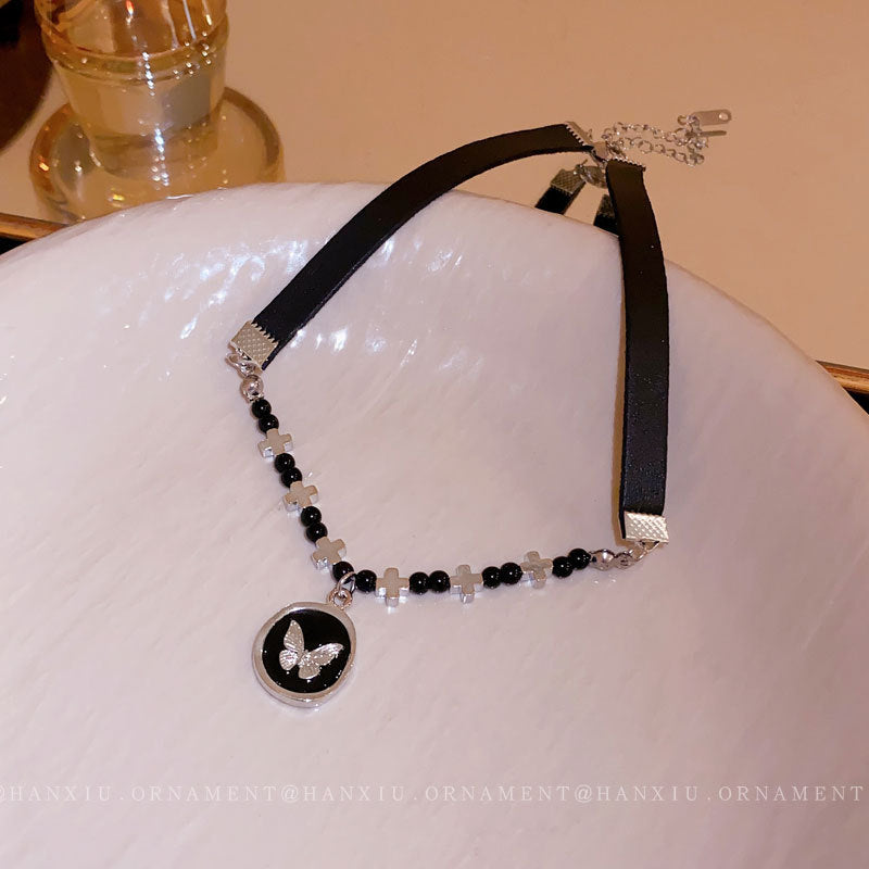 Cross Round Leather Butterfly Necklace