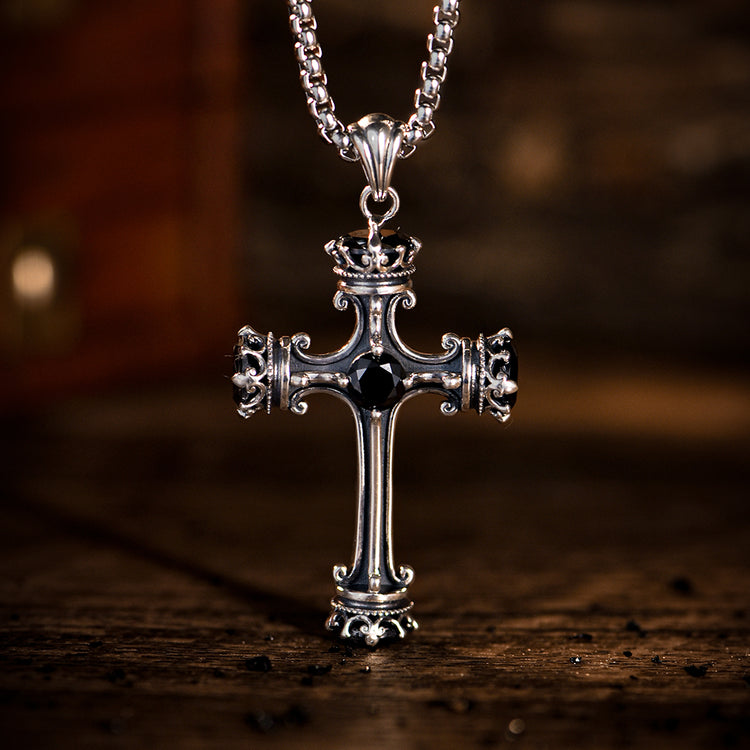 Vintage Design Sterling Silver Roman Column Zircon Cross Pendants Necklace