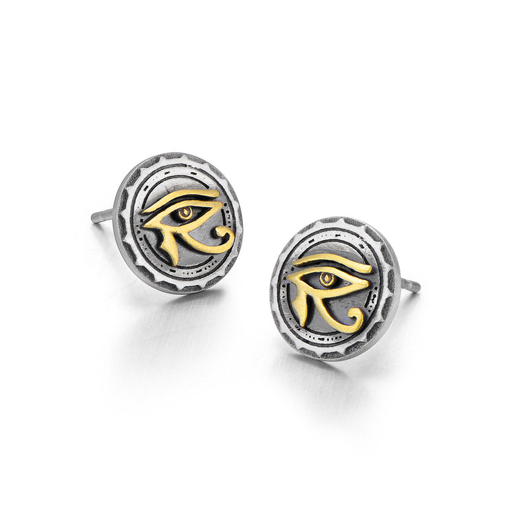 Round Golden Eye Of Horus Vintage Sterling Silver Stud Earrings