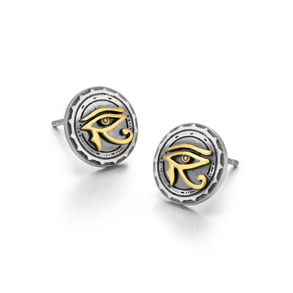 Round Golden Eye Of Horus Vintage Sterling Silver Stud Earrings