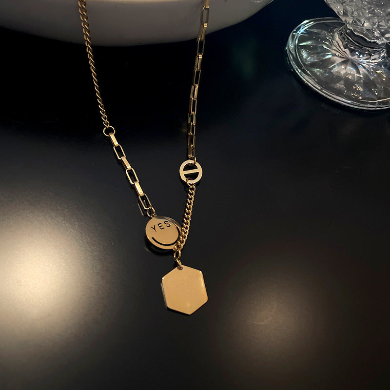 Fashion Personality Polygon Square Brand Smiley Face Titanium Steel Necklace