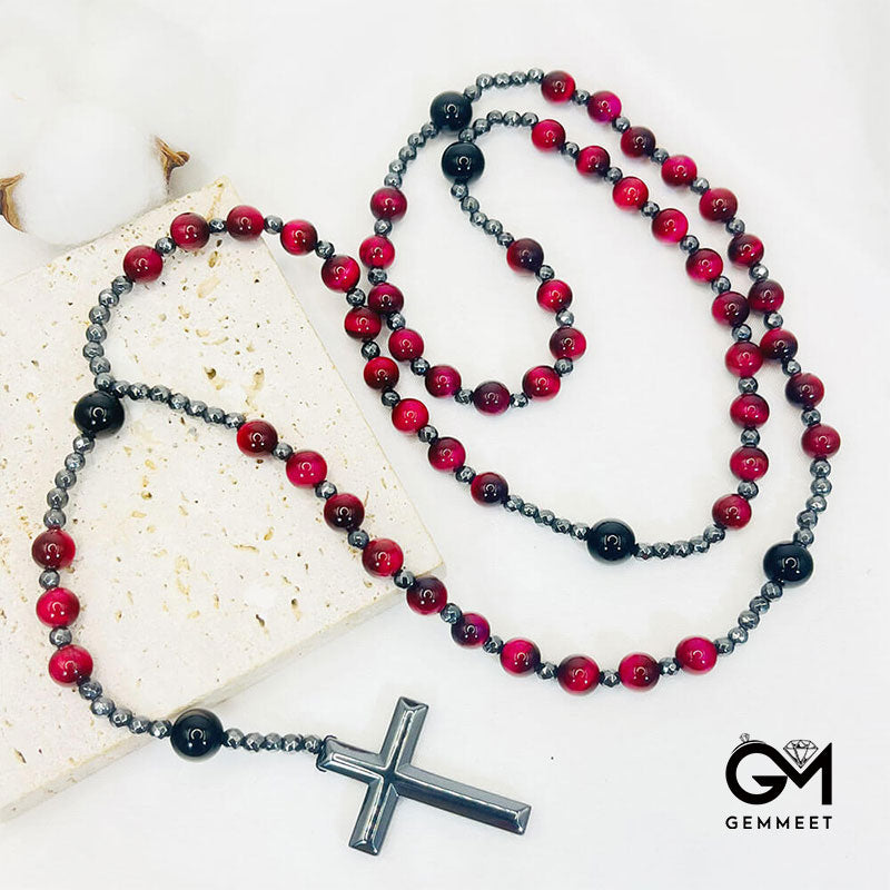 Pink Tiger Eye Cross Pandant Rosary Necklace