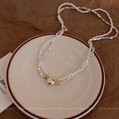 Broken Silver Pearl Love Magnetic Necklace