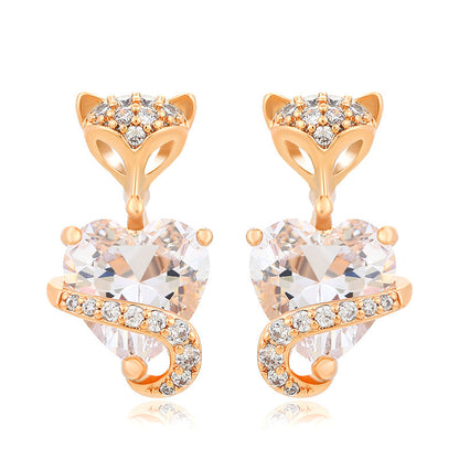Cartoon Cute Little Fox with Zirconium Heart Earrings