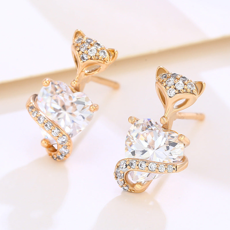 Cartoon Cute Little Fox with Zirconium Heart Earrings