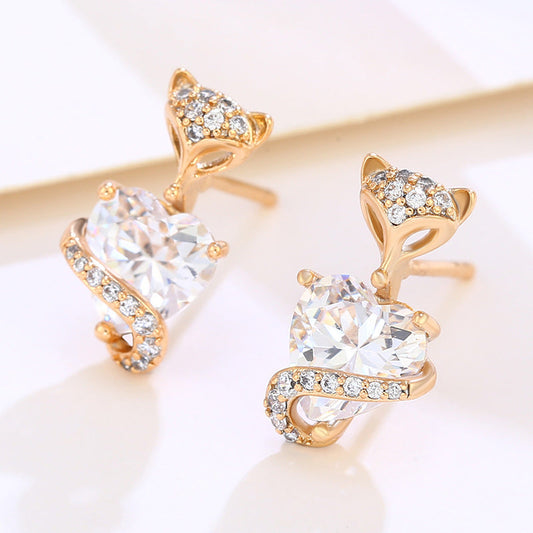 Cartoon Cute Little Fox with Zirconium Heart Earrings