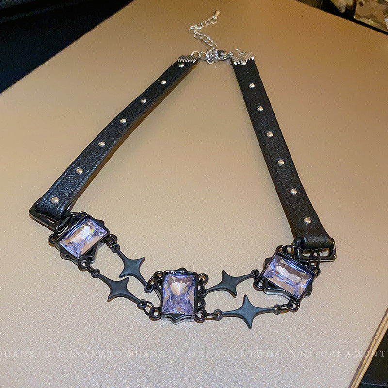 Leather Zircon Square Cross Necklace