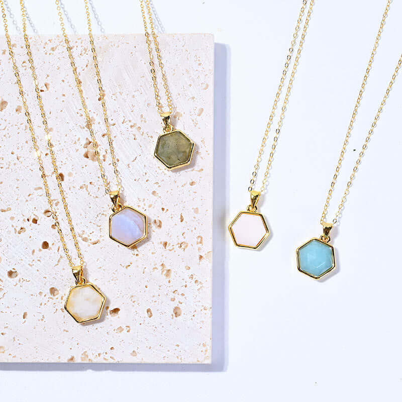 Gold Wire Natural Hexagon Gemstone Necklace