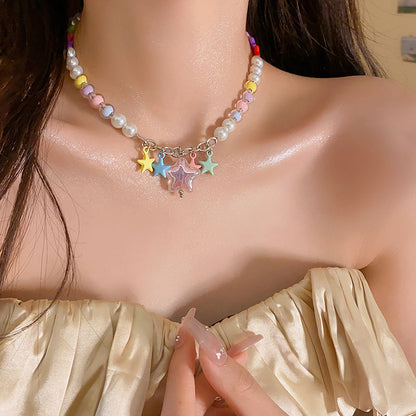 Colorful Five-pointed Star Zircon Pearl Necklace